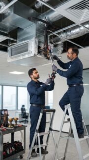 HVAC technician performing air conditioner maintenance